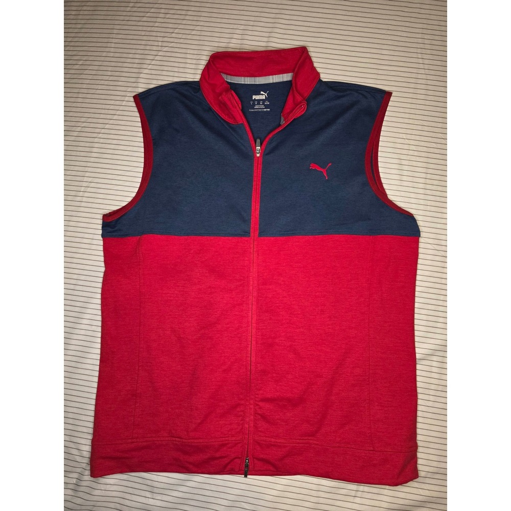 1315 Puma Golf Mens Full Zip Vest Navy Blue Red Colorblock Stretch Large